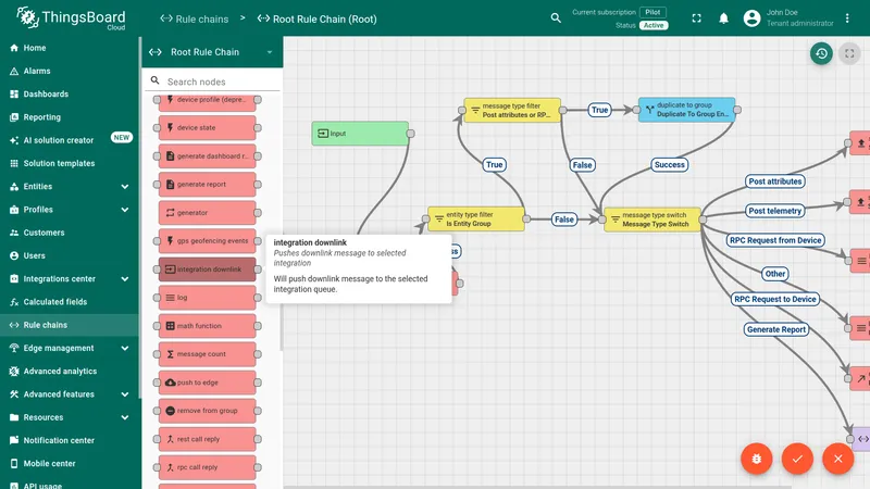 Root Rule Chain editor with integration downlink node available in the node palette