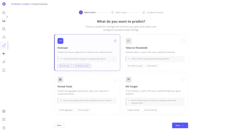 Prediction model wizard open on the intent step