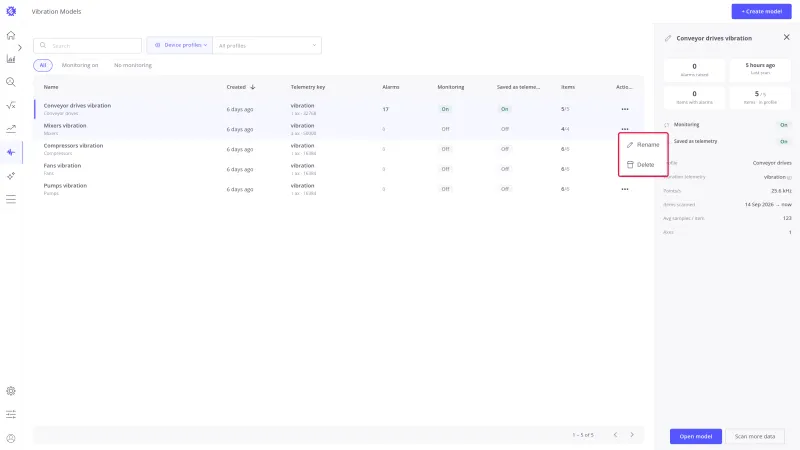 Row menu of Mixers vibration open, offering Rename and Delete