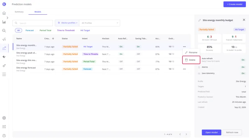 Row menu open with Delete highlighted