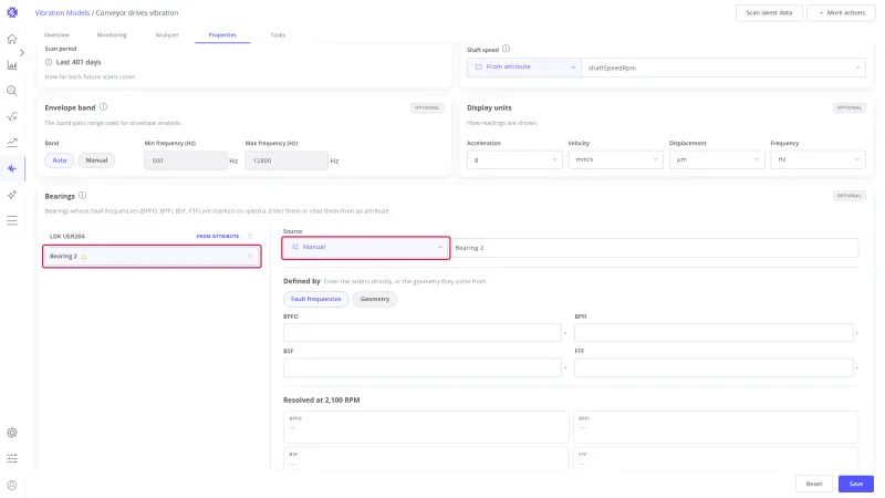 New bearing row highlighted in the list, and its Source select set to Manual