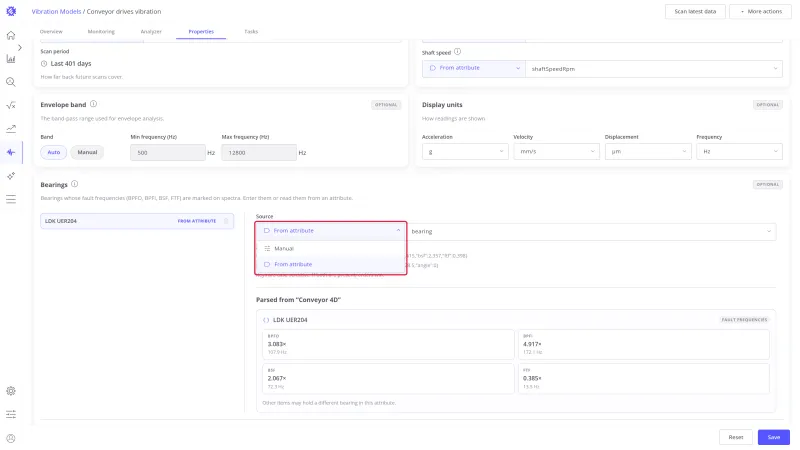 Bearing source select open, offering Manual and From attribute