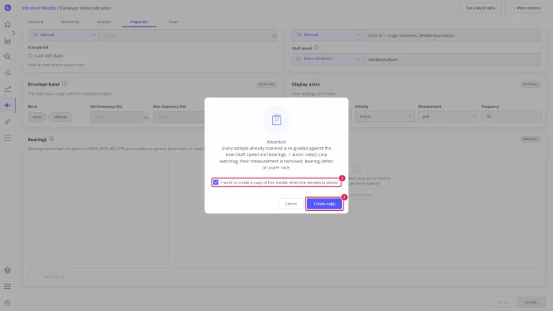 Confirmation dialog with the I want to create a copy of this model checkbox marked 1 and the Create copy button marked 2