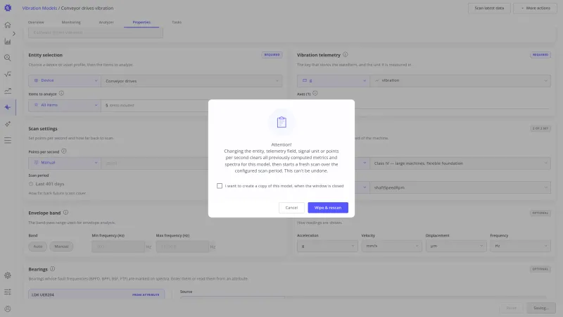 Confirmation dialog: changing the points per second clears all computed metrics and spectra and starts a fresh scan, with Cancel and Wipe & rescan