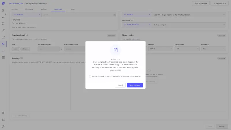 Confirmation dialog: every sample already scanned is re-graded against the new shaft speed and bearings, and one alarm rule stops watching, with Cancel and Save changes