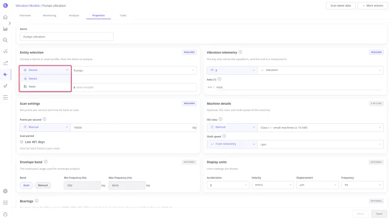 Entity type select open, offering Device and Asset