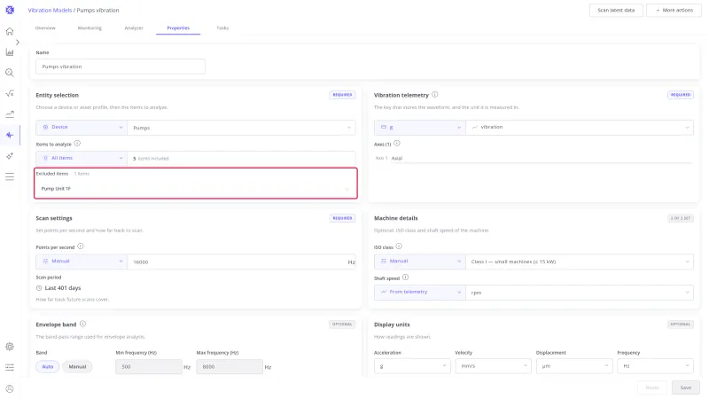 Entity selection with 5 items included and Pump Unit 1F listed under Excluded items