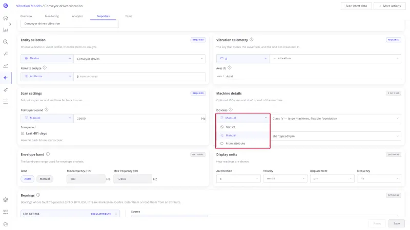 ISO class source select open, offering Not set, Manual, and From attribute