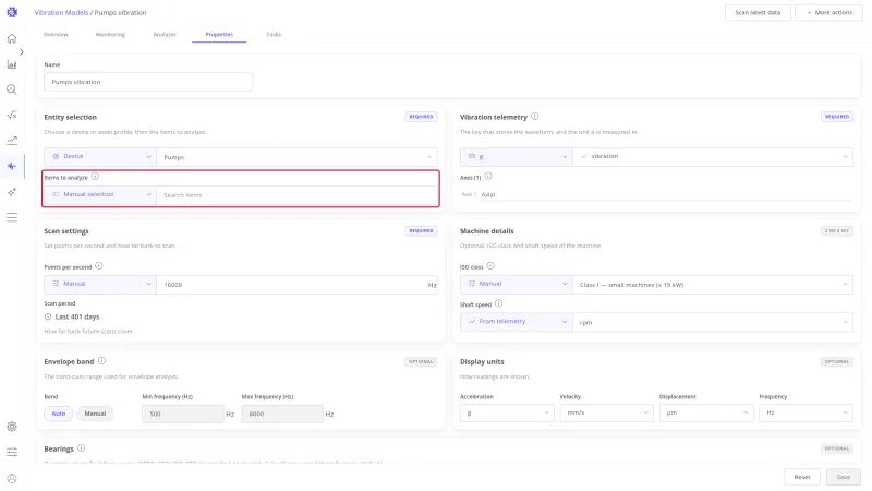 Items to analyze switched to Manual selection, with the search field for picking machines