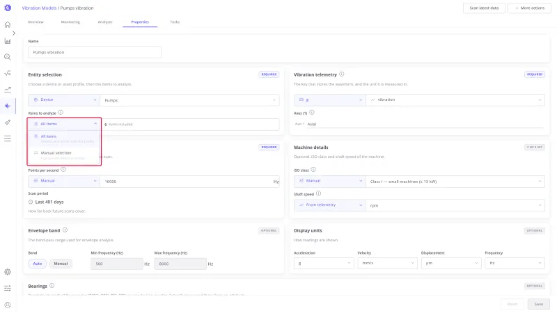 Items to analyze select open, offering All items and Manual selection