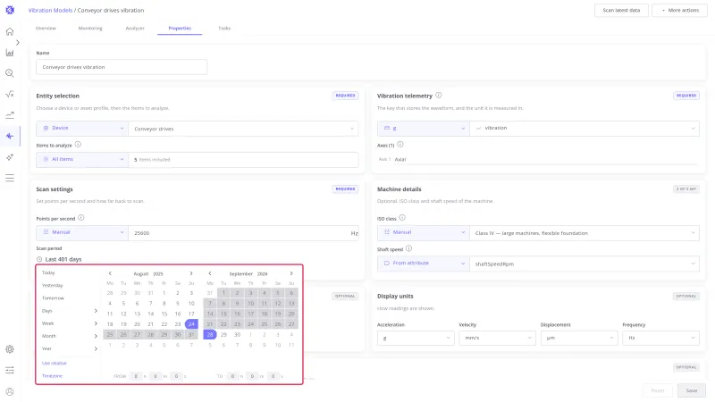 Scan period picker open with quick ranges and a two-month calendar