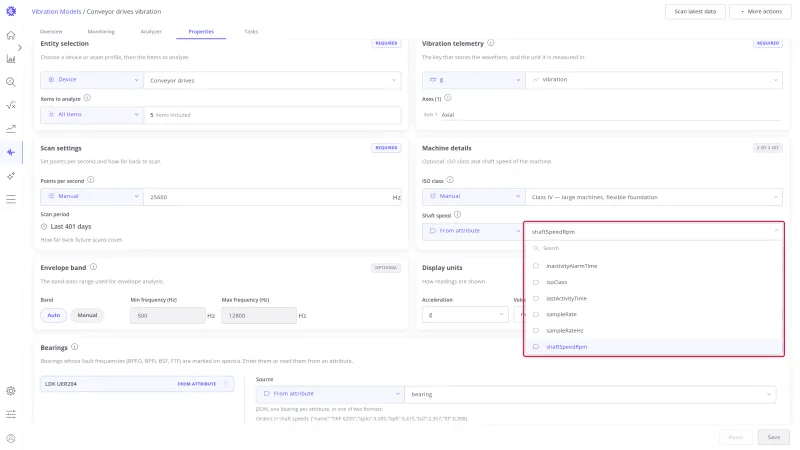 Shaft speed attribute select open with shaftSpeedRpm selected