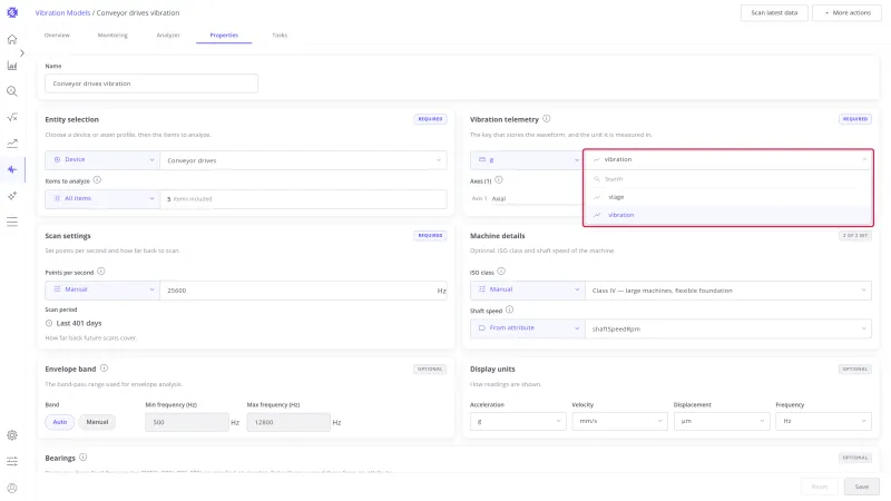 Telemetry key select open, listing the keys stage and vibration
