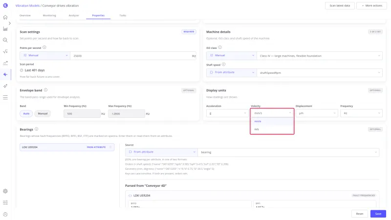 Velocity unit select open, offering mm/s and in/s