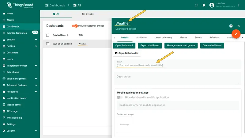 Dashboard title in English with custom translation
