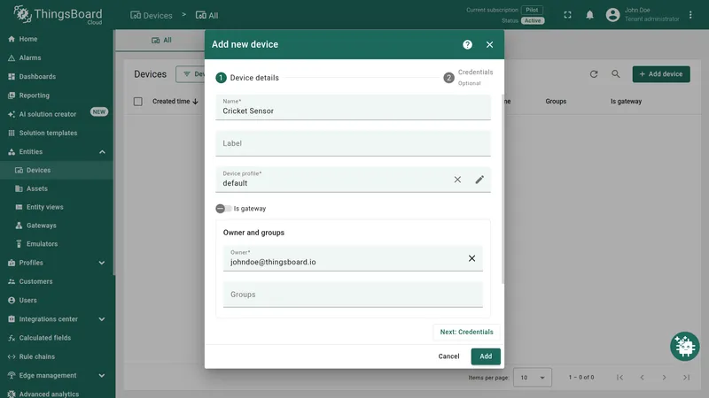 Add new device dialog in ThingsBoard