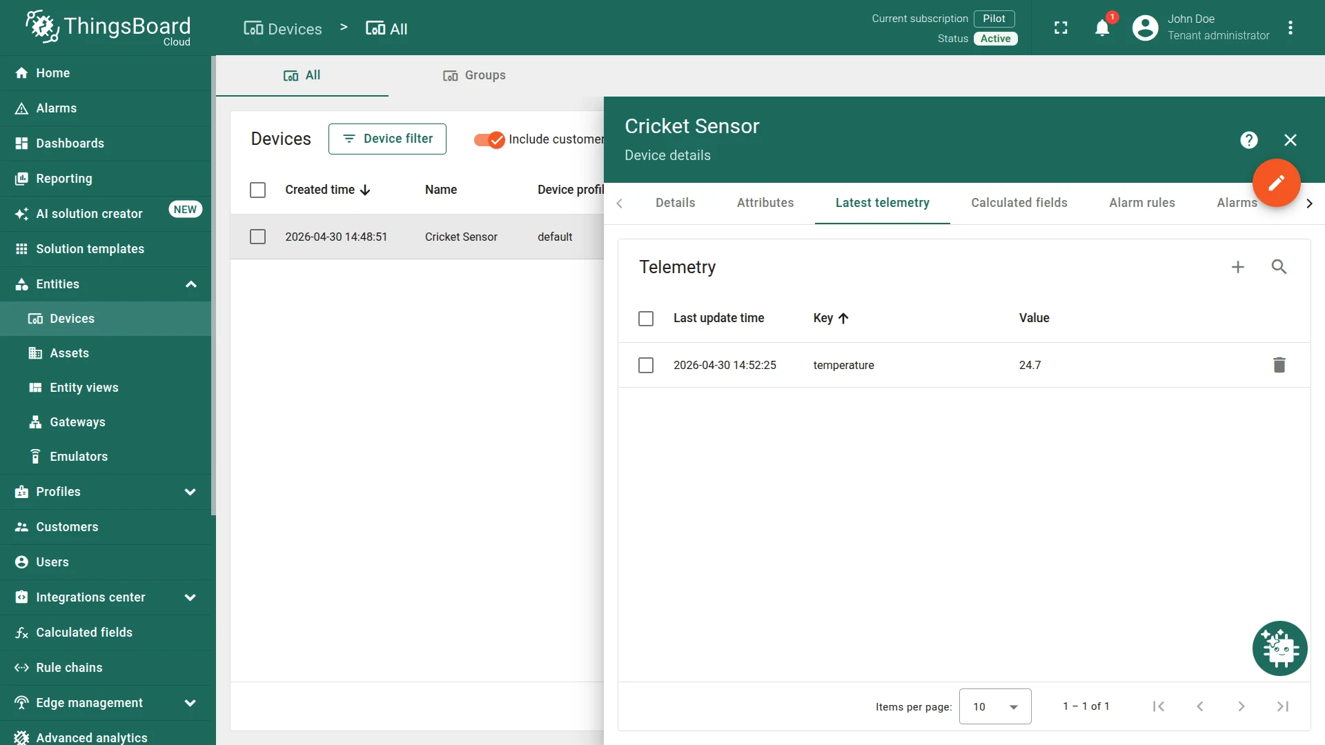 Device latest telemetry tab showing temperature value from Cricket sensor in ThingsBoard