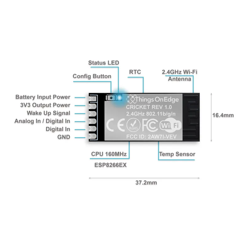 IOT Cricket Wi-Fi module top view showing the 2.4 GHz Wi-Fi module and pin headers
