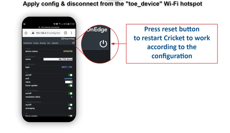 Cricket configuration portal with reset button highlighted in the top-right corner