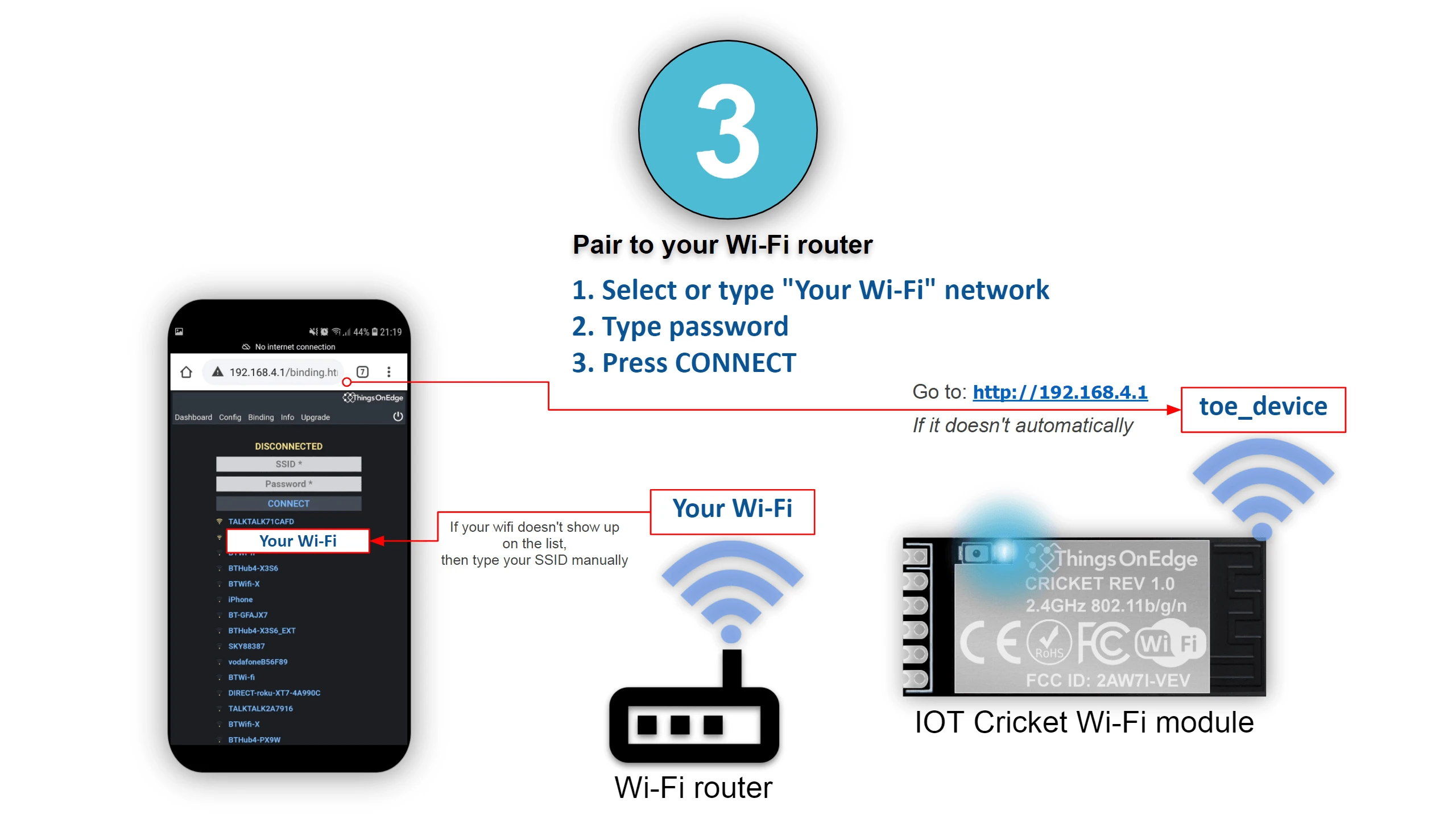 Cricket configuration portal showing available Wi-Fi networks to connect to