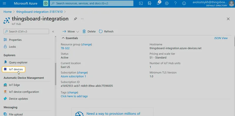IoT Hub resource overview with IoT devices selected in the left menu