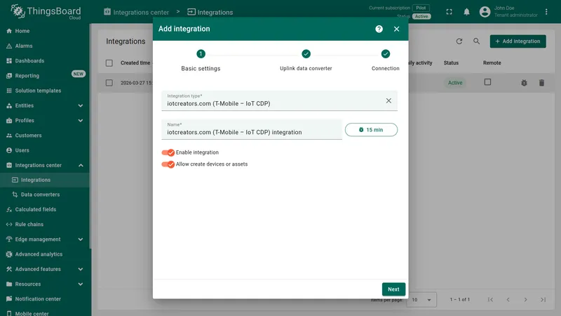 Add integration wizard — Basic settings: Integration type "iotcreators.com (T-Mobile – IoT CDP)", name field, Enable integration and Allow create devices or assets toggles on