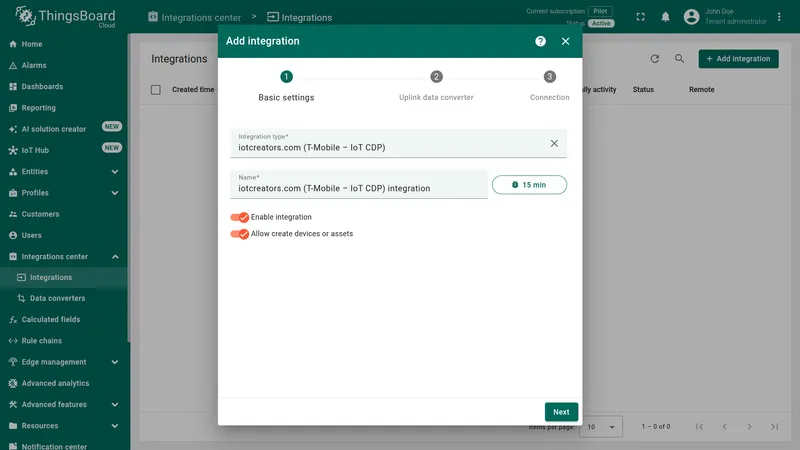Add integration wizard — Basic settings: Integration type "iotcreators.com (T-Mobile – IoT CDP)", name field, Enable integration and Allow create devices or assets toggles on