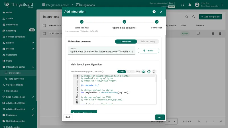 Add integration wizard — Uplink data converter step: Create new tab selected, name pre-filled, Main decoding configuration section with TBEL code editor open