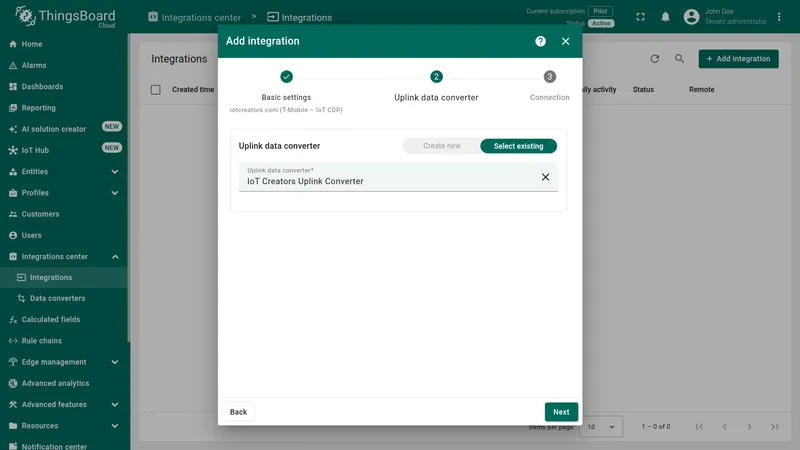 Add integration wizard — Uplink data converter step: Create new tab selected, name pre-filled, Main decoding configuration section with TBEL code editor open