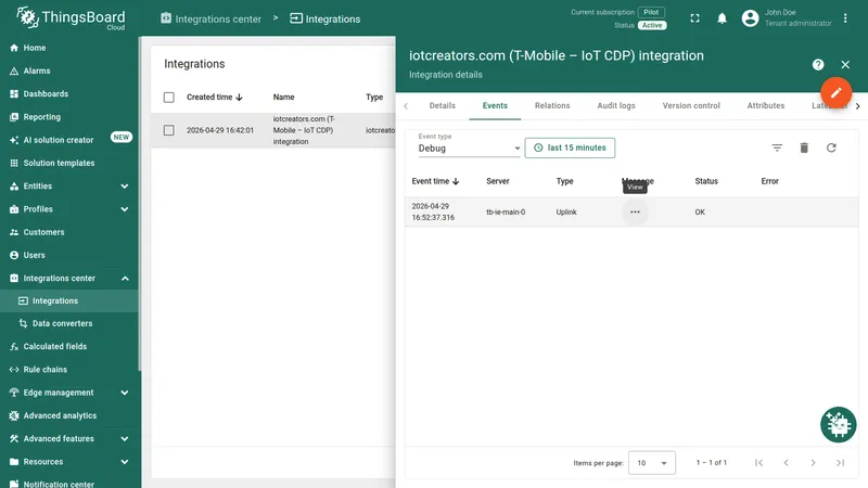 IoT Creators integration Events tab with Debug event and successful uplink message