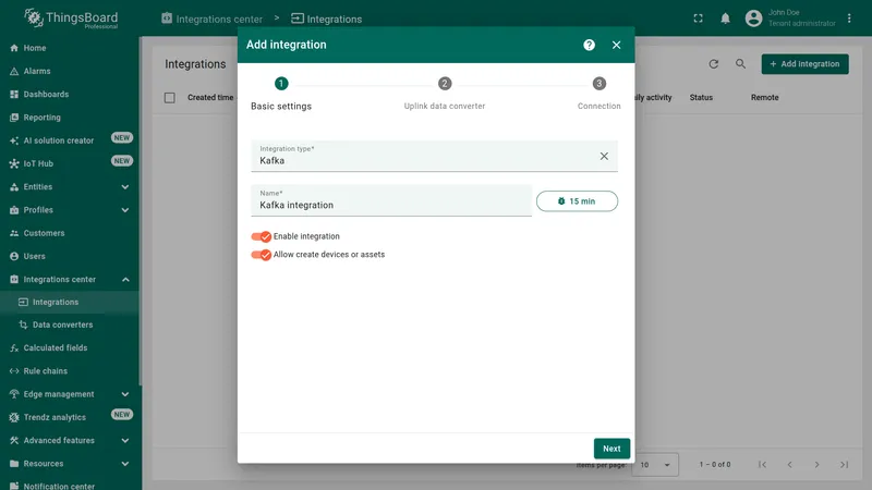 Add integration wizard — Basic settings step: Integration type Kafka, name Kafka integration, Enable integration and Allow create devices or assets toggled on
