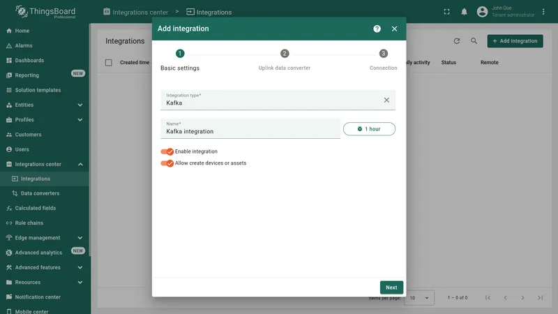 Add integration wizard — Basic settings step: Integration type Kafka, name "Kafka integration", Enable integration and Allow create devices or assets toggles on, Next button