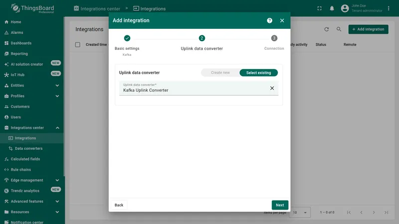 Add integration wizard — Uplink data converter step: Select existing active with Kafka Uplink Converter selected