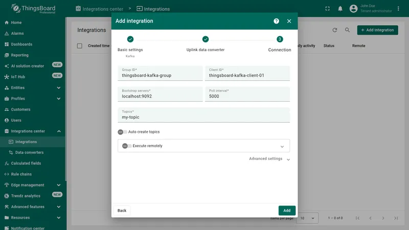 Add integration wizard — Connection step: Group ID, Client ID, Bootstrap servers, Poll interval, and Topics fields filled in