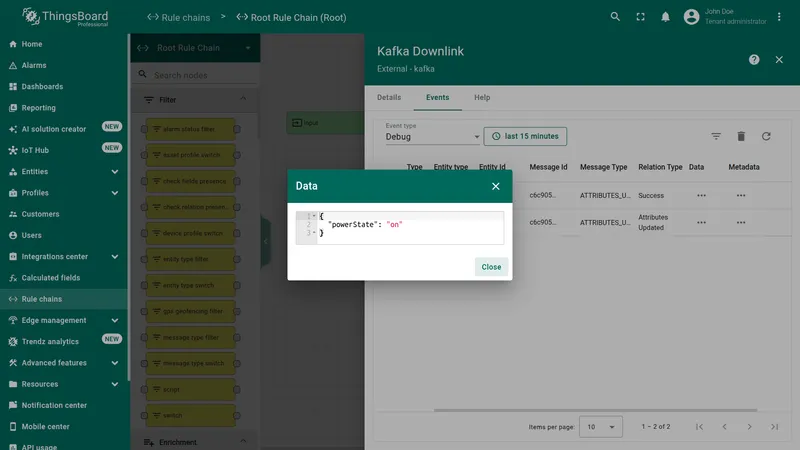 Data dialog showing the published payload — powerState on