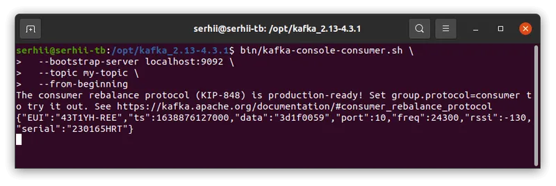 Terminal running kafka-console-consumer.sh with --from-beginning, echoing back the published JSON test record