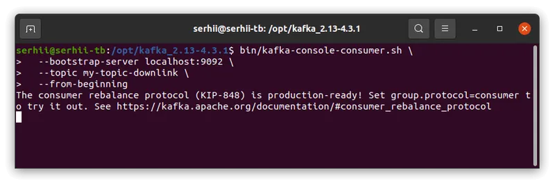 Terminal running kafka-console-consumer.sh with --from-beginning on topic my-topic-downlink, waiting for messages