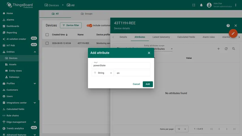 Add attribute dialog on device 43T1YH-REE — Entity attributes scope set to Shared attributes, Key powerState, type String, value on