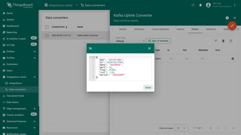 In dialog showing the raw Kafka record passed into the decoder — EUI, ts, data, port, freq, rssi, and serial