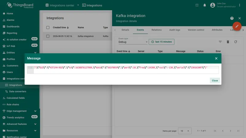 Message dialog showing the raw Kafka record — EUI, ts, data, port, freq, rssi, and serial