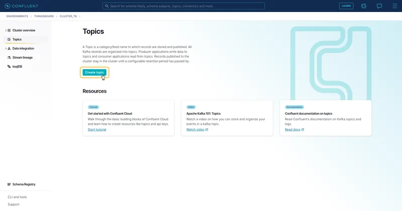 Confluent Cloud — Topics page with no topics yet and Create topic button highlighted