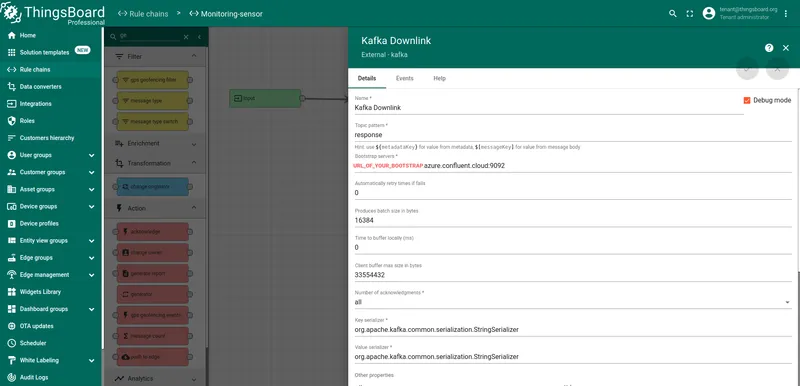 ThingsBoard Kafka Downlink rule node configuration — Details tab showing topic pattern, bootstrap servers, key and value serializers, and Other properties section with all four SASL/SSL entries filled in