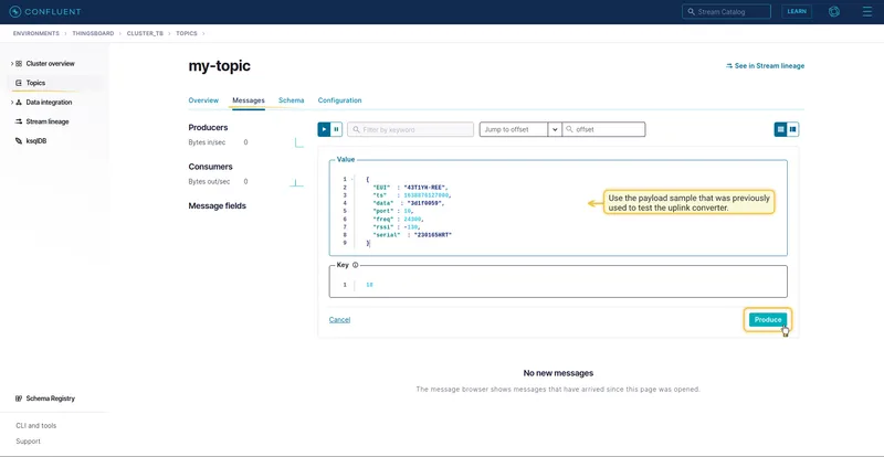 Confluent Cloud — produce message form expanded on the topic Messages tab: JSON payload entered in the Value field, Produce button highlighted