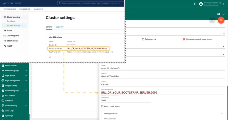 Side-by-side: Confluent Cloud Cluster settings showing Bootstrap server highlighted, and ThingsBoard integration Connection step with Bootstrap servers field filled from the same value