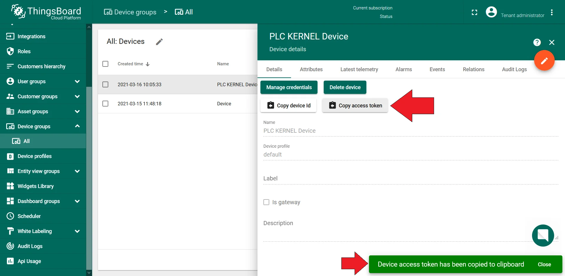 Copy access token button in device details