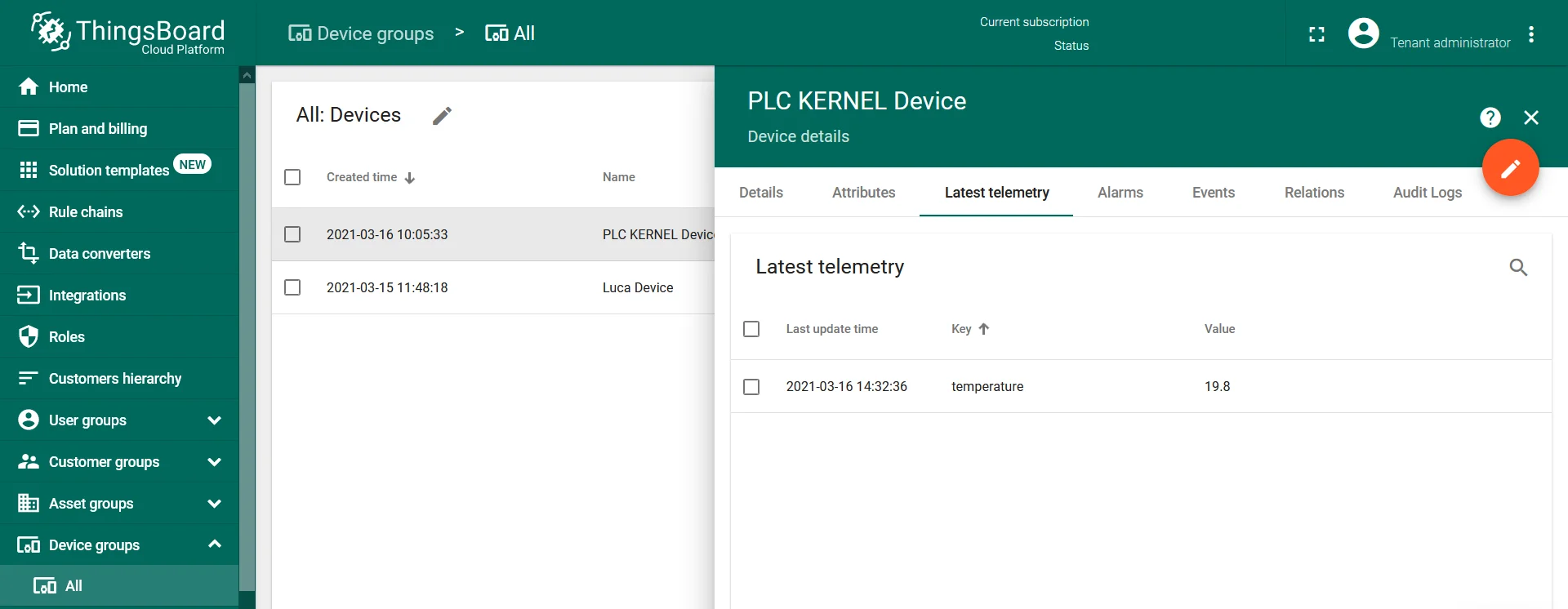 Latest telemetry tab showing published sensor readings