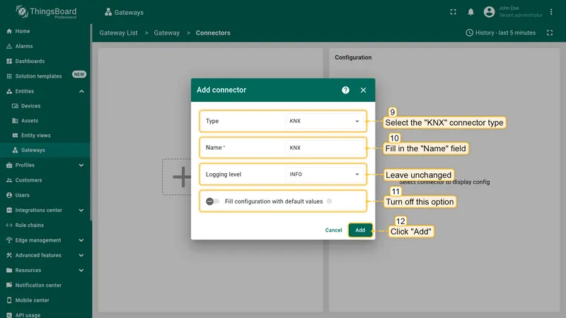 Select "**KNX**" connector type, fill in the "**Name**" field, disable filling configuration with default values and click "**Add**" button