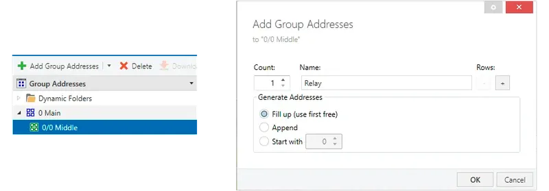 Click on "Add Group Addresses" and in the opened modal window fill in "Name" field with "Relay" value, click "OK" button.