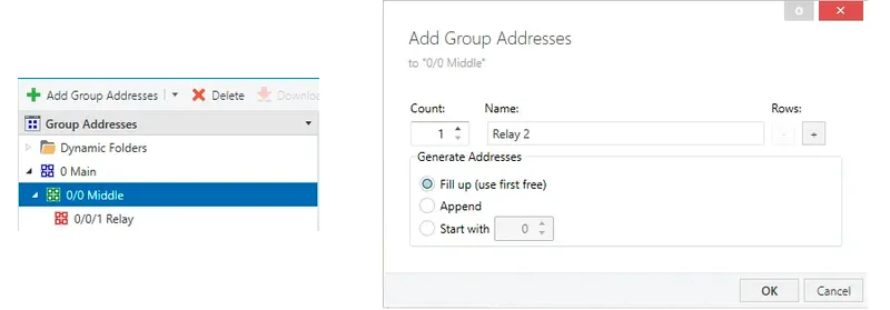 Click on "Add Group Addresses" and in the opened modal window fill in "Name" field with "Relay 2" value, click "OK" button.