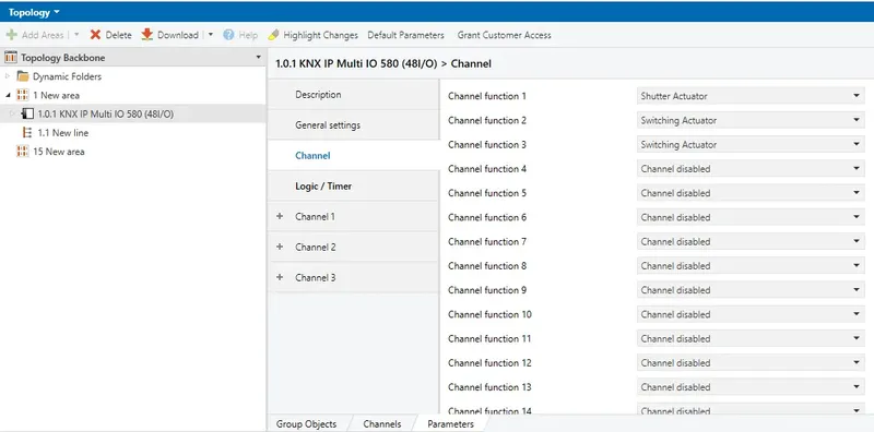 Select "Shutter Actuator" for "**Channel function 1**", "**Switching Actuator**" for "**Channel function 2**" and "**Channel function 3**". You can find added Group Objects in the "**Group Objects**" tab.